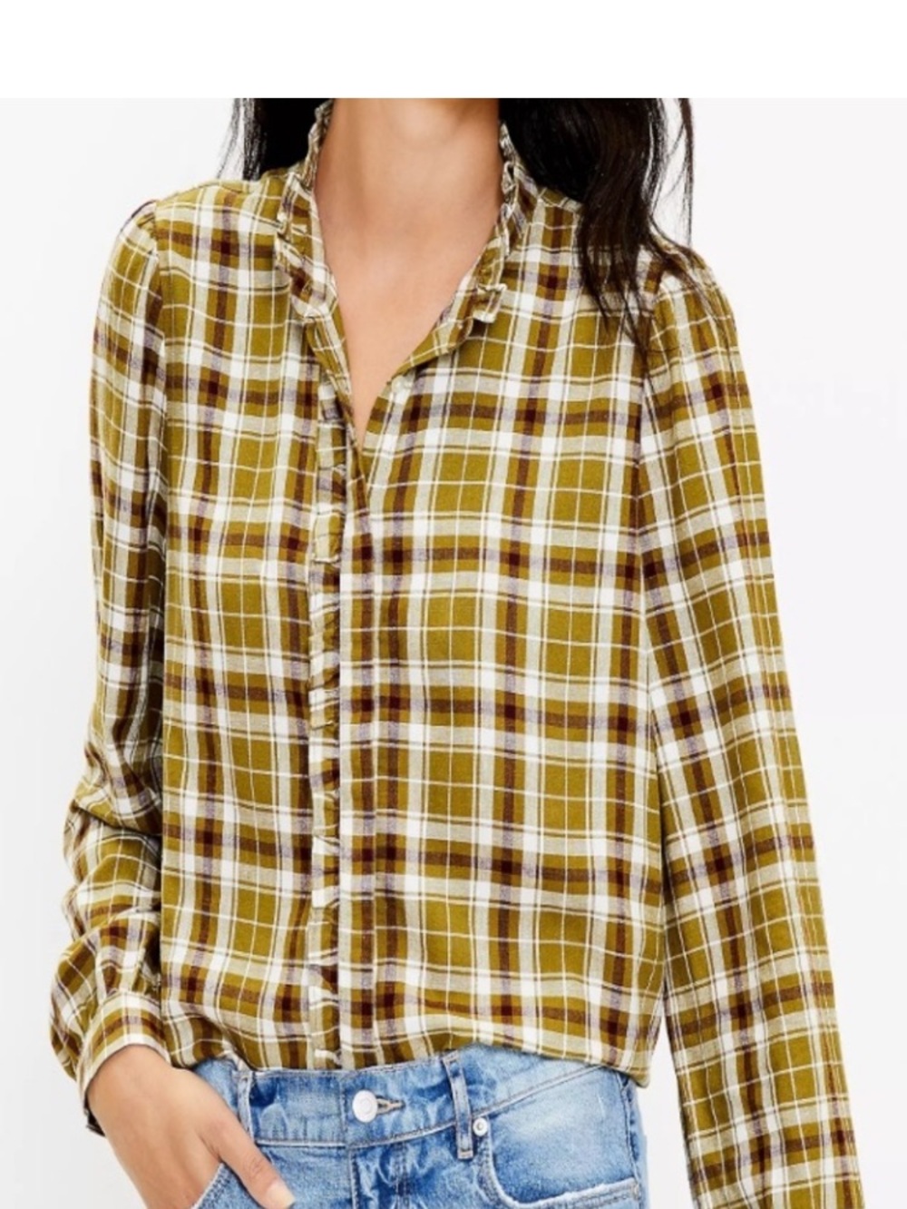 LOFT Long Sleeve Ruffle Trim Button Down Top Womens XS Green Plaid Linen Blend